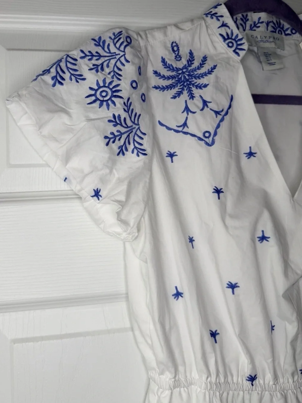 CALYPSO ST BARTH  BLUE AND WHITE EMBROIDERY V-NECK MAXI DRESS M NWT - Picture 12 of 15